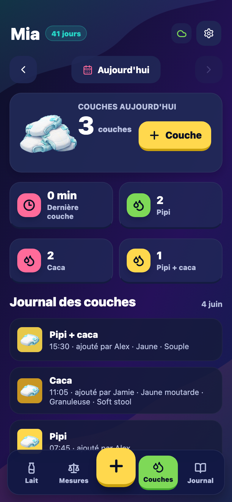 Onglet couches avec compteurs pipi, caca et couche mixte