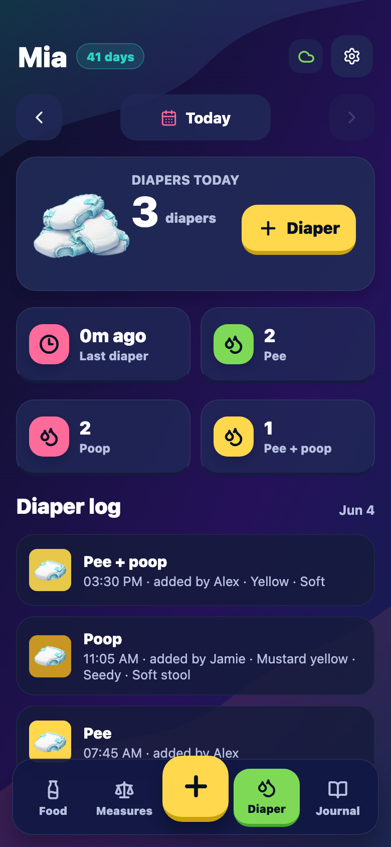Diaper tracker tab with pee, poop, and mixed diaper counts