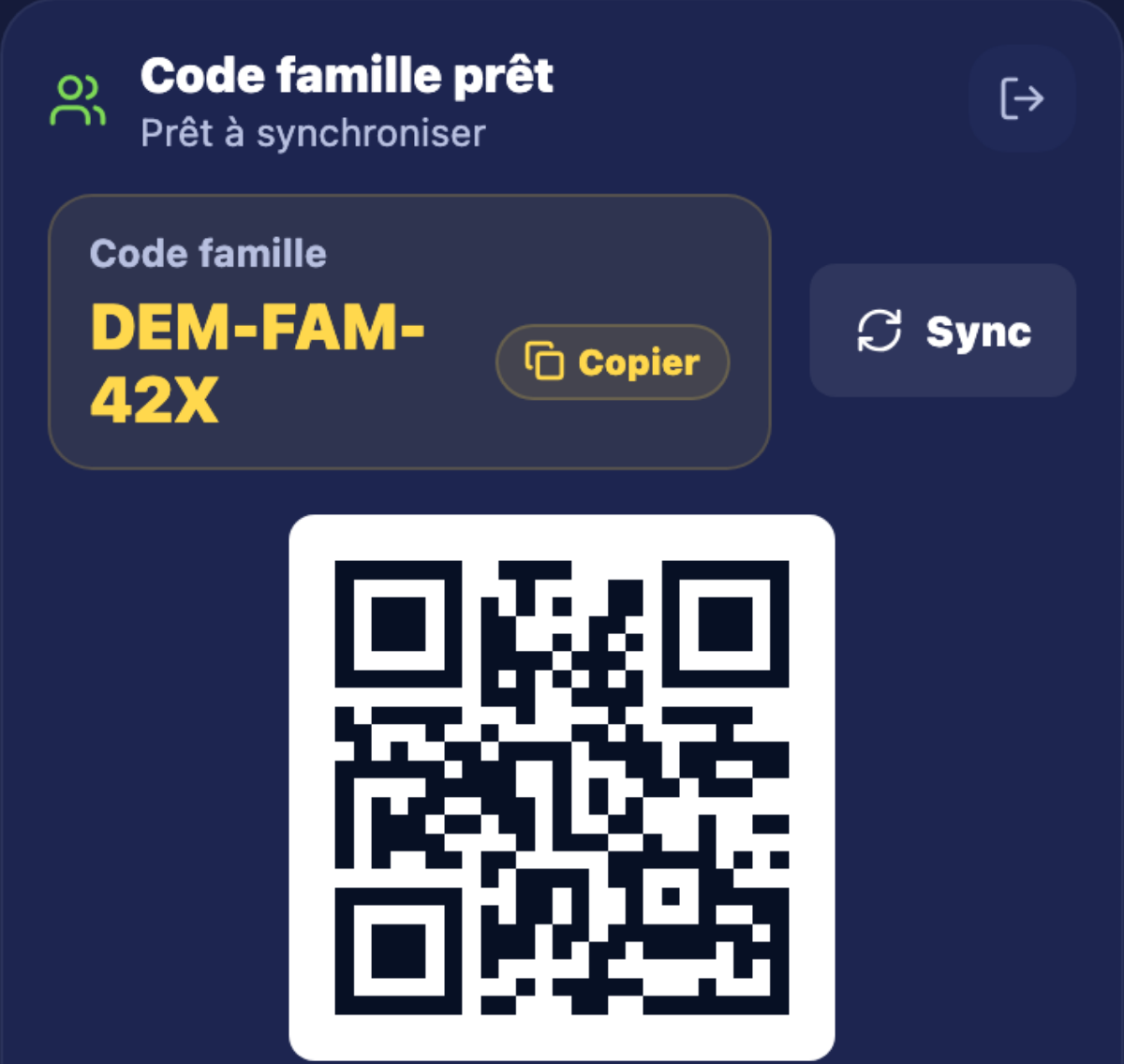 Aperçu du code famille et du QR code de synchronisation Biberon