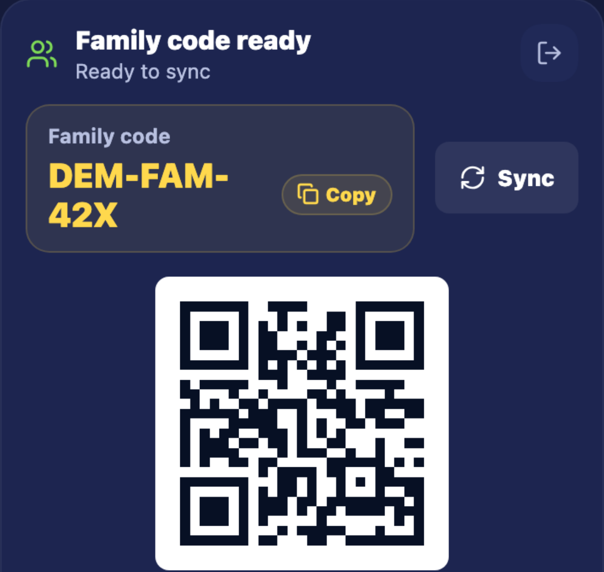 Crop of the Biberon family code and QR sync screen
