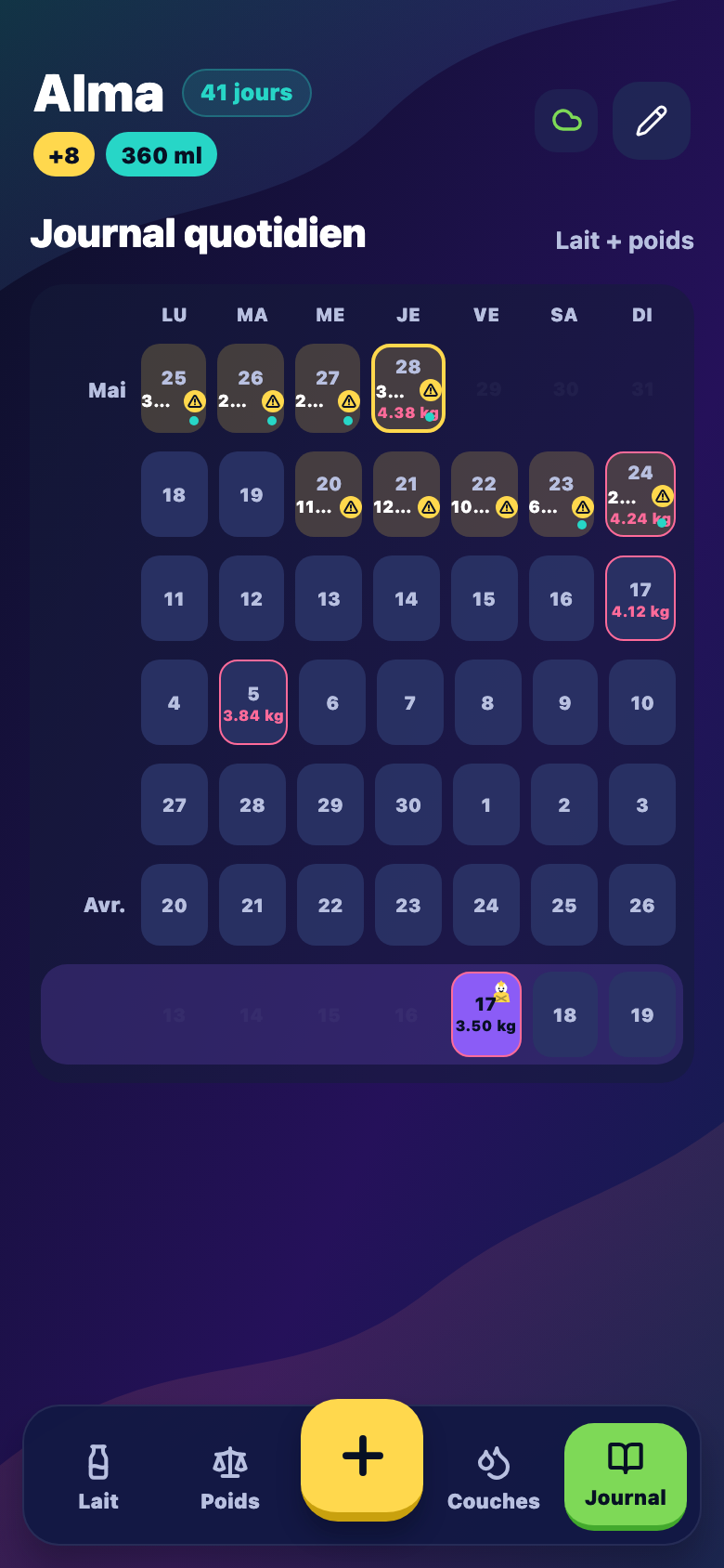 Journal tab with weekly rows, units, and milk status icons