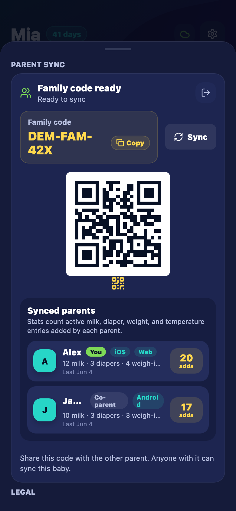 Shared baby tracker for two parents, night shifts, and handoffs. screenshot in Biberon