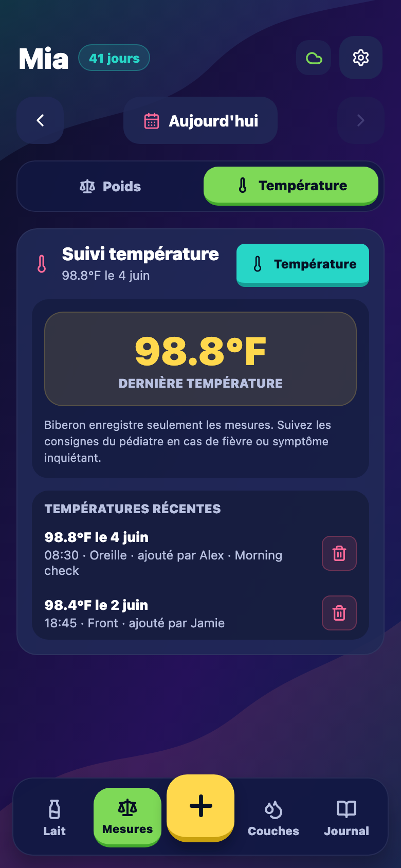 Suivi température bébé pour fièvre, méthode et notes. screenshot in Biberon