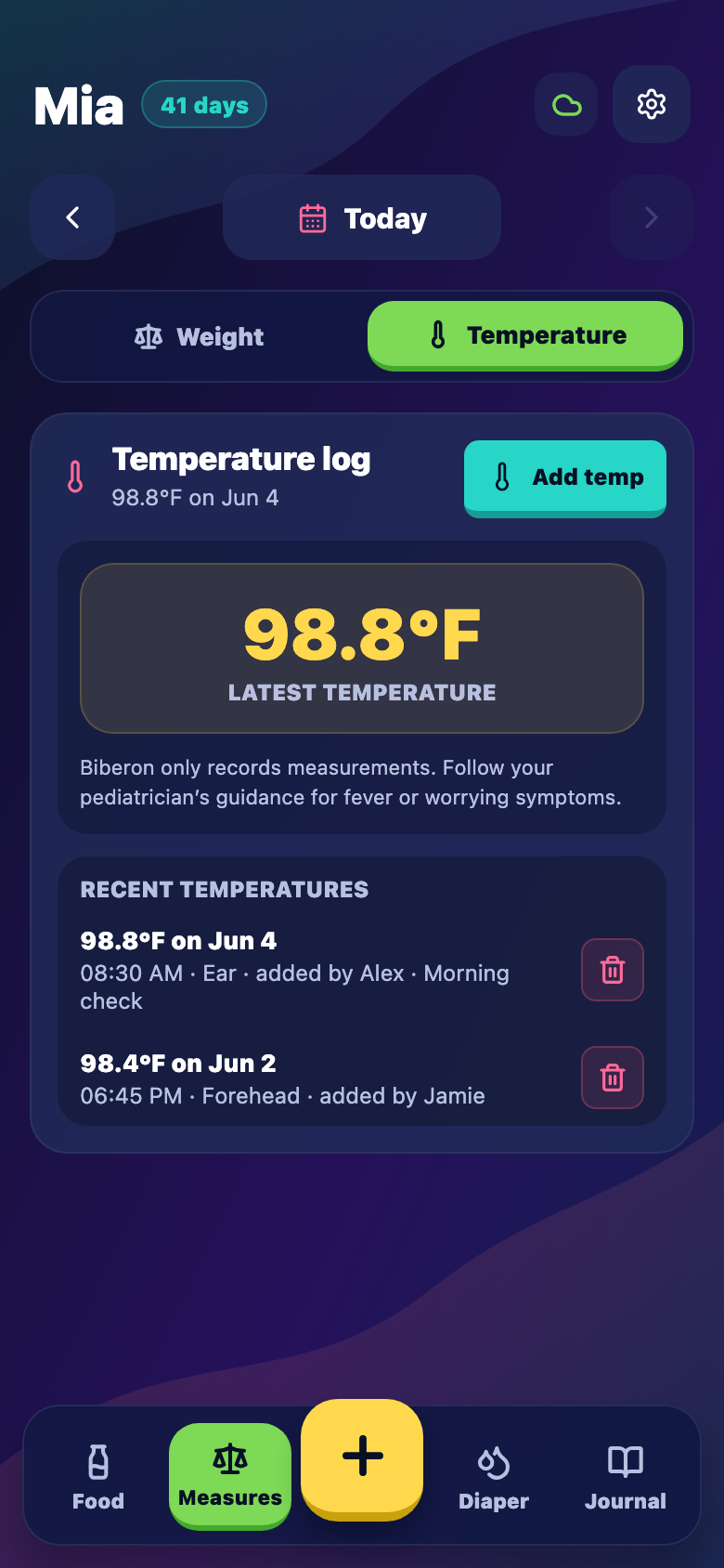 Baby temperature tracker for fever checks and notes. screenshot in Biberon