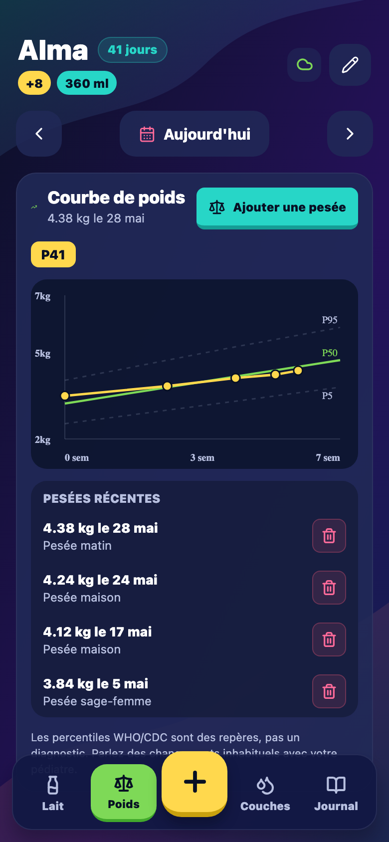 Weight tab with percentile curve and double slider weigh-in
